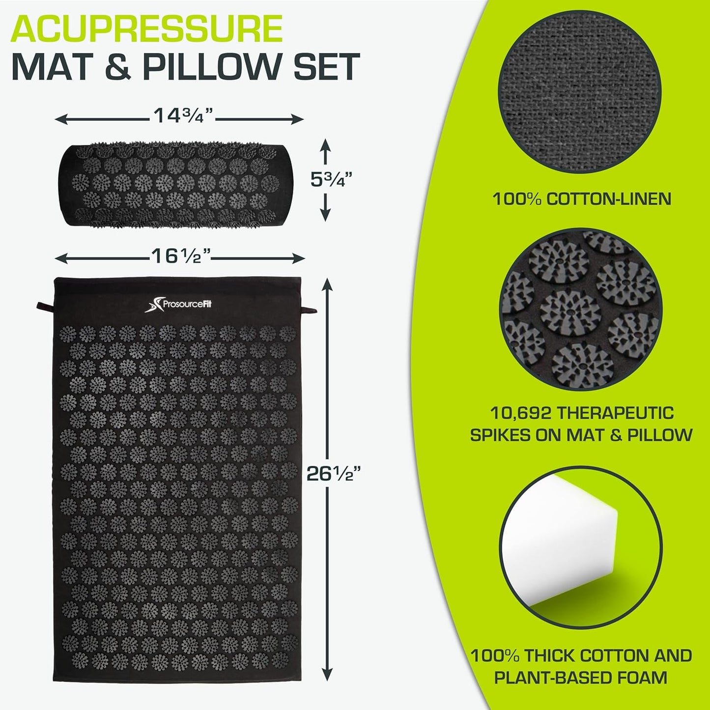 Acupressure Mat and Pillow Set for Back/Neck Pain Relief and Muscle Relaxation, Large - Gray/Gray