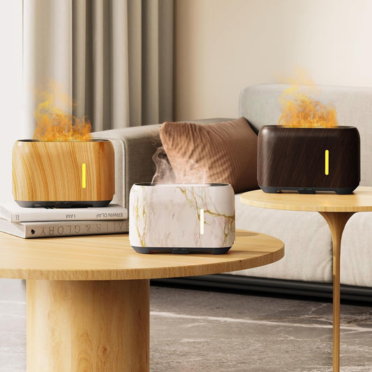 Upgraded Flame Essential Oil Diffuser, Aromatherapy Air Diffuser with Remote Control, RGB Fire Cool Mist Scent Diffuser/Humidifier for Home Office with Timer, 2 Mist Modes, Auto Off-Black Walnut
