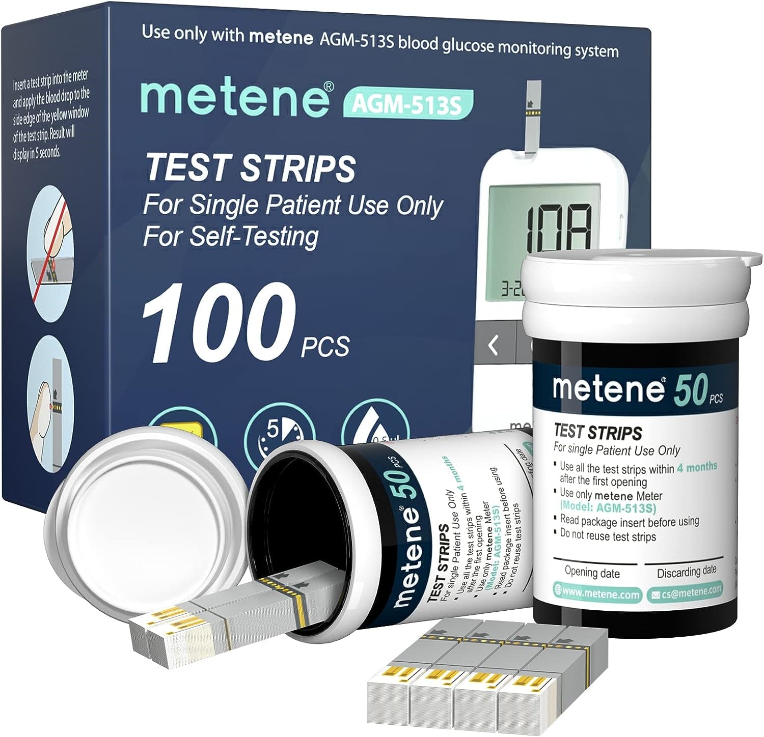 Metene AGM-513S Test Strips for Diabetes 100 Count Test Strips Use with Met...