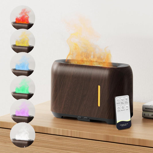 Upgraded Flame Essential Oil Diffuser, Aromatherapy Air Diffuser with Remote Control, RGB Fire Cool Mist Scent Diffuser/Humidifier for Home Office with Timer, 2 Mist Modes, Auto Off-Black Walnut