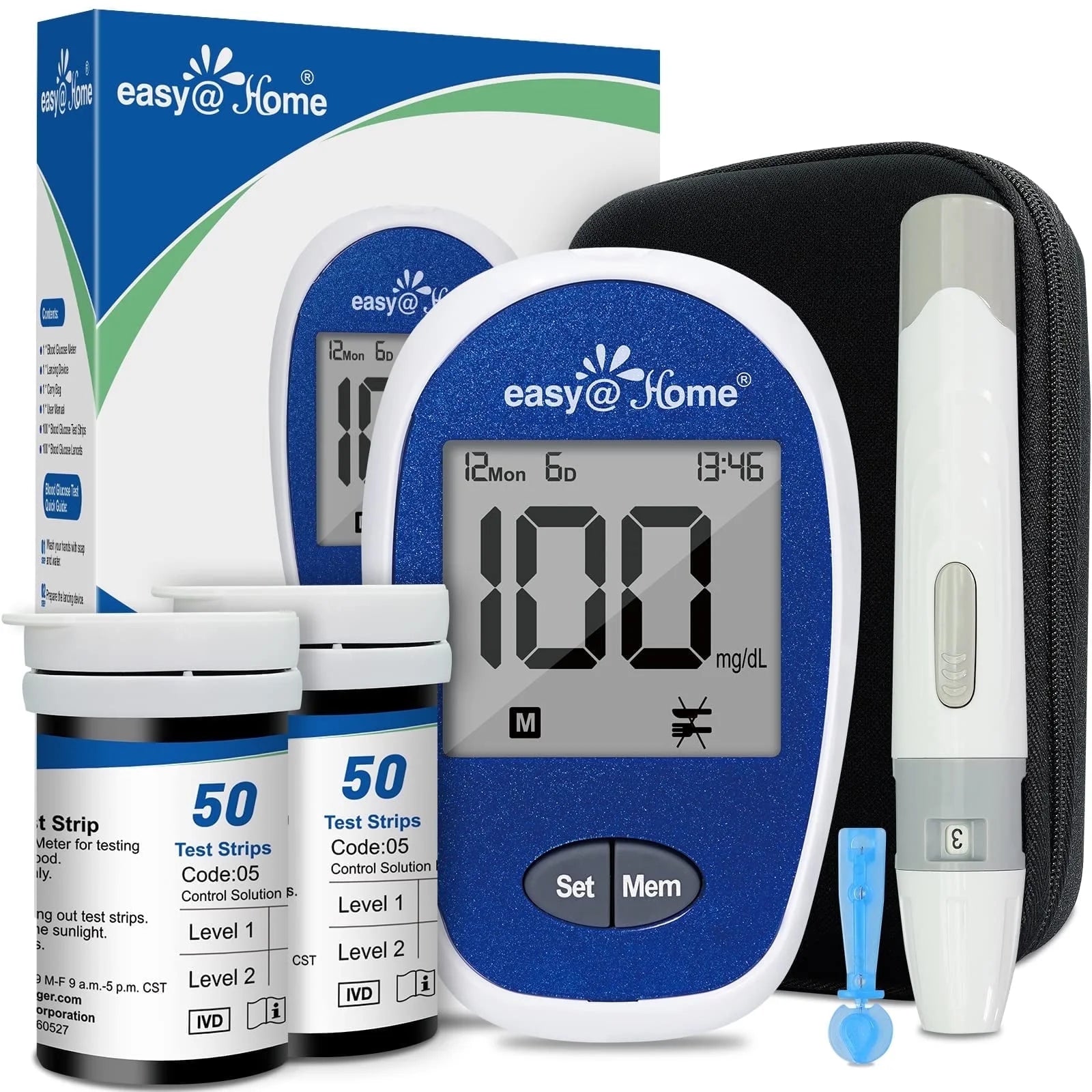 Diabetes Testing Kit, Blood Glucose Monitor with 1 Lancing Device, 100 Test Strips, 100 Lancets