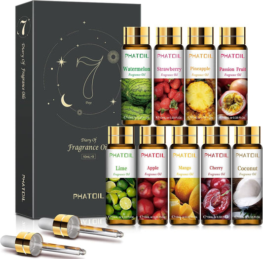 9PCS Fruity Essential Oils Gift Set, 10Ml/0.33Fl.Oz Fragrance Oils for Soap, DIY Candle, Bath Bombs Making, Fruit Scented Oils for Diffusers for Home