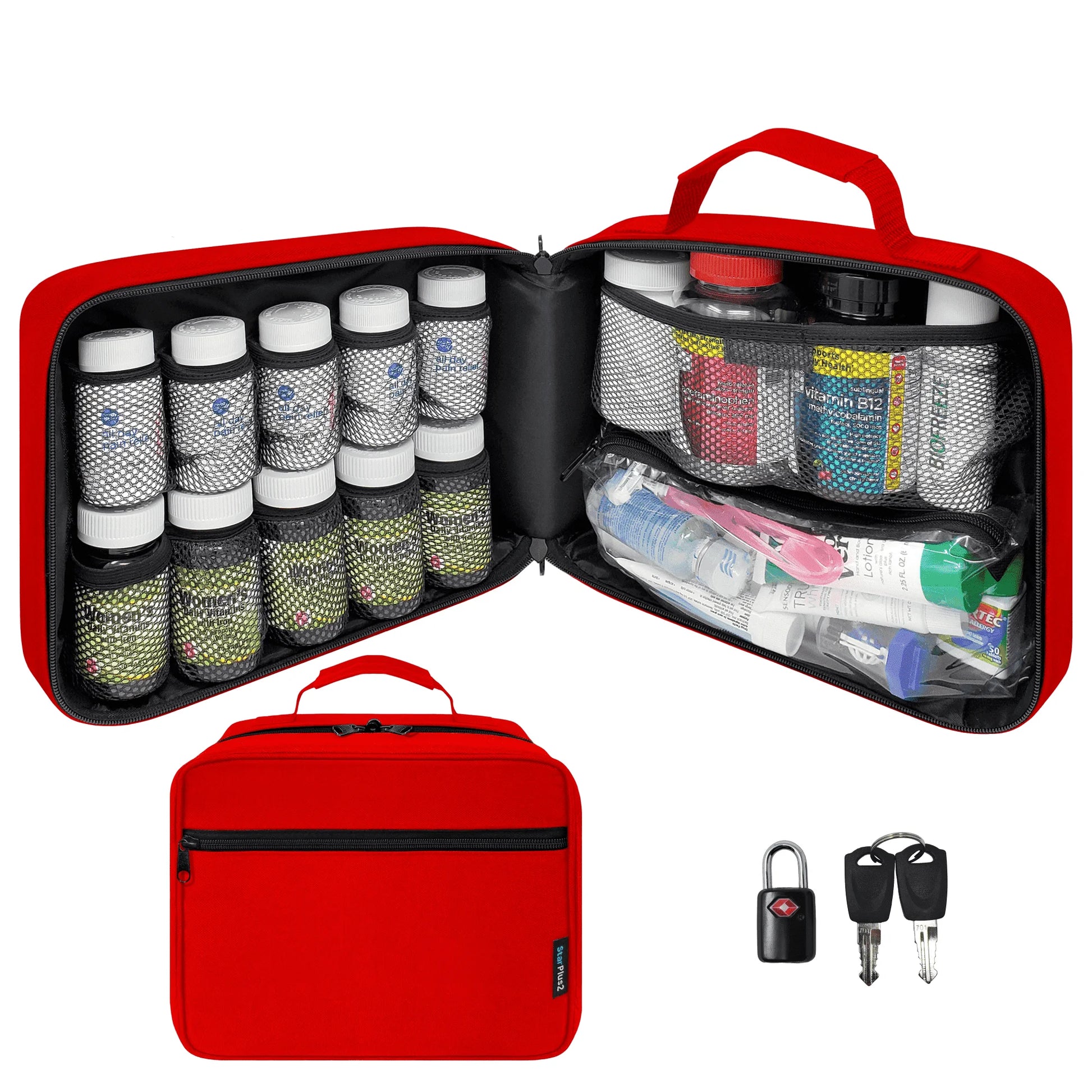 Large Original Pill Bottle Organizer, Medicine Bag - Red (With TSA Approved Lock)
