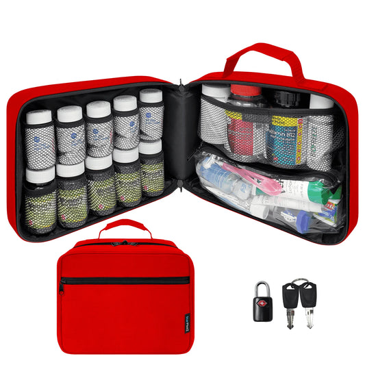 Large Original Pill Bottle Organizer, Medicine Bag - Red (With TSA Approved Lock)