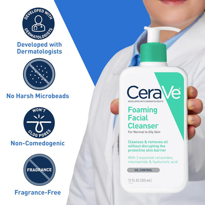 Foaming Facial Cleanser, Daily Face Wash for Oily Skin, Hyaluronic Acid + Ceramides + Niacinamide, Fragrance Free & Paraben Free, Non-Drying Oil Control Face Wash, 16 Fluid Ounces