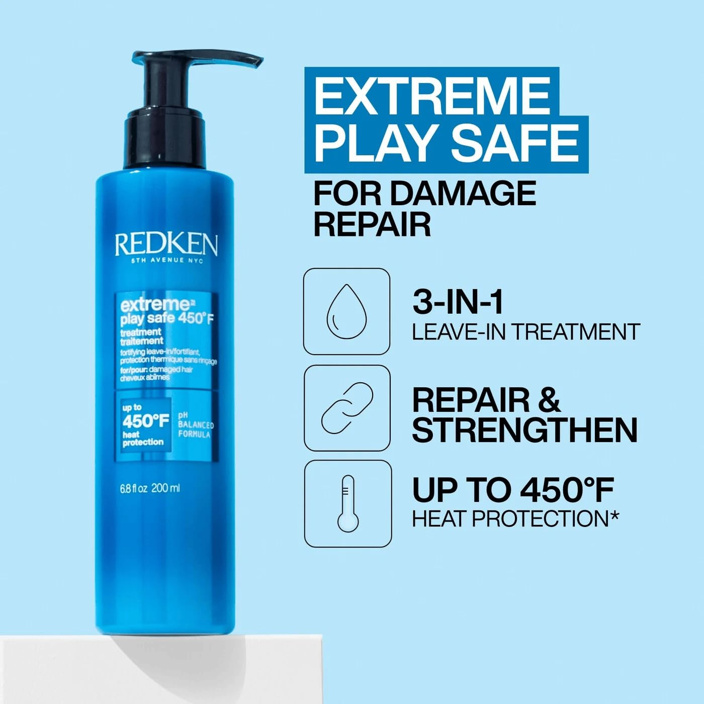 Redken Extreme Play Safe Heat Protection and Damage Repair Treatment for All Hair Types - Helps Reduce the Appearance of Split Ends with Tourmaline