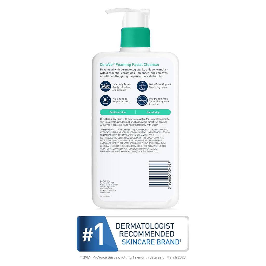 Foaming Facial Cleanser, Daily Face Wash for Oily Skin, Hyaluronic Acid + Ceramides + Niacinamide, Fragrance Free & Paraben Free, Non-Drying Oil Control Face Wash, 16 Fluid Ounces