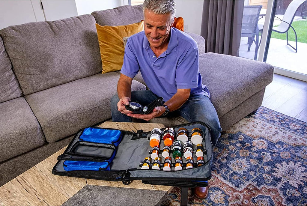 Medium Diabetic Medicine Organizer and Portable Medical Binder, Insulated and Syringe Pouches, 6-Pocket 5-Tab Expanding File Folder, Holds 15 Pill Bottles, Purple, 13 X 13 X 4.5 Inches