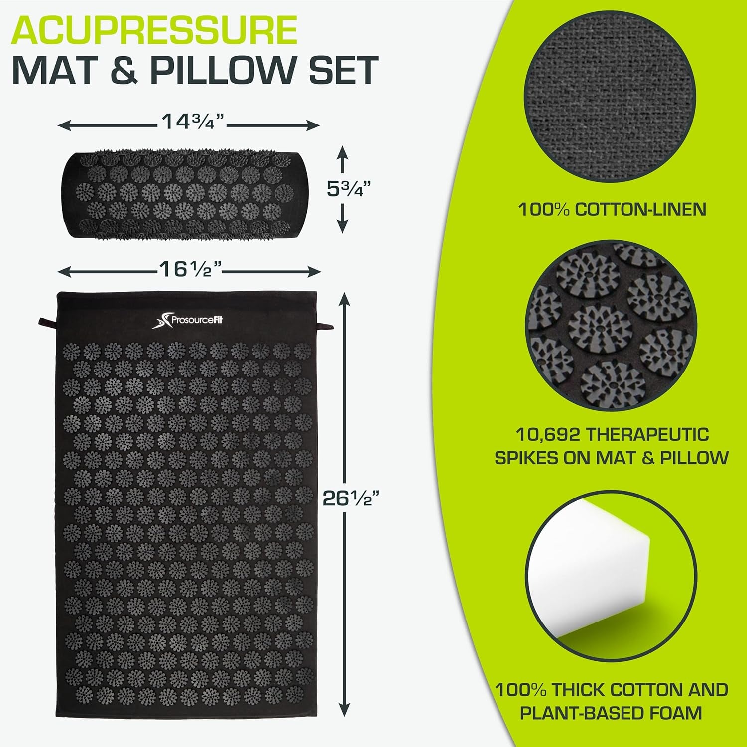Acupressure Mat and Pillow Set for Back/Neck Pain Relief and Muscle Relaxation, Large - Gray/Gray
