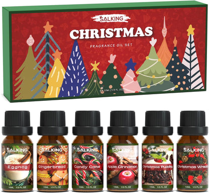 Christmas Fragrance Oils, Premium Essential Oil for Diffuser, Scented Oil Gift Set for Soap Candle Making - Christmas Wreath, Apple Cinnamon, Gingerbread, Candy Cane, Christmas Pudding, Eggnog