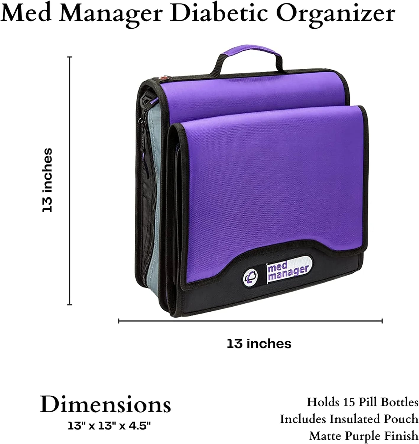 Medium Diabetic Medicine Organizer and Portable Medical Binder, Insulated and Syringe Pouches, 6-Pocket 5-Tab Expanding File Folder, Holds 15 Pill Bottles, Purple, 13 X 13 X 4.5 Inches