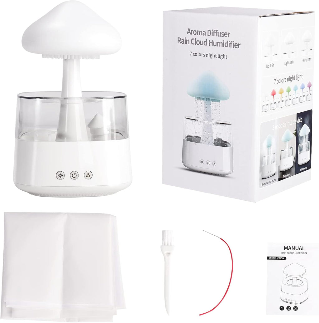 Cloud Rain Humidifier, Night Light Aromatherapy Essential Oil Diffuser, 7 Colors Desktop Diffuser with Water Sound for Home Room Office (White)