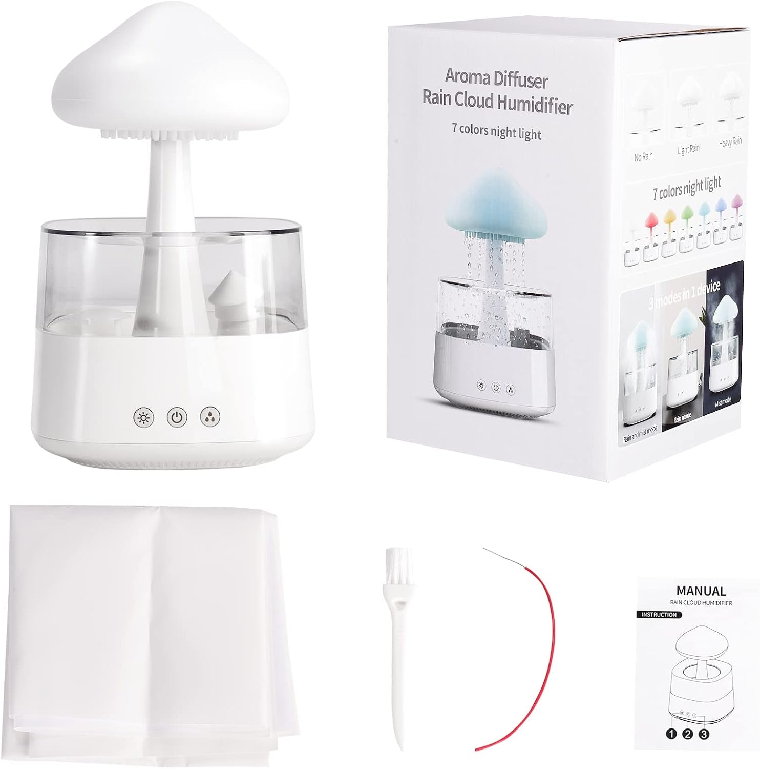 Cloud Rain Humidifier, Night Light Aromatherapy Essential Oil Diffuser, 7 Colors Desktop Diffuser with Water Sound for Home Room Office (White)