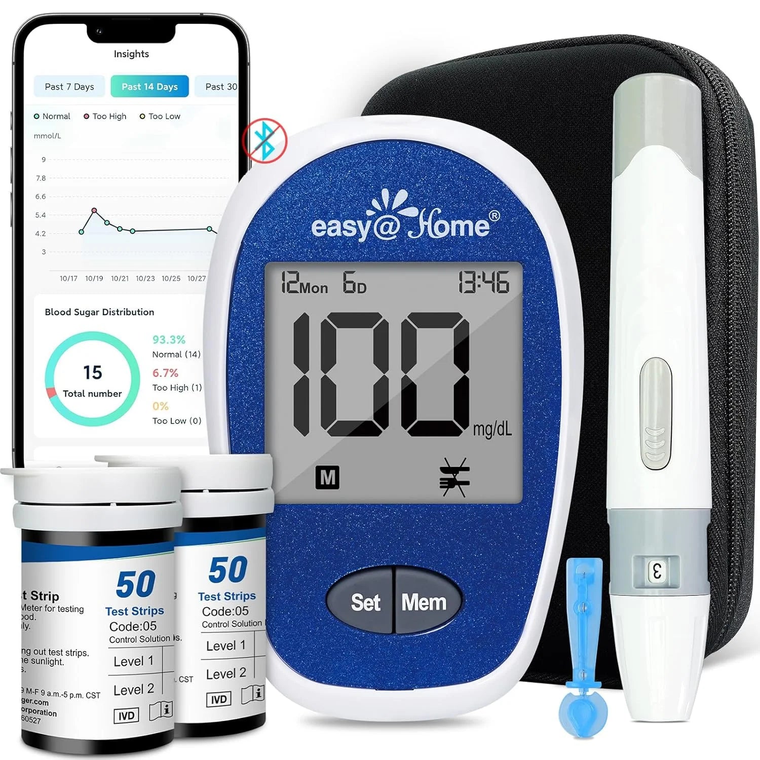 Diabetes Testing Kit, Blood Glucose Monitor with 1 Lancing Device, 100 Test Strips, 100 Lancets