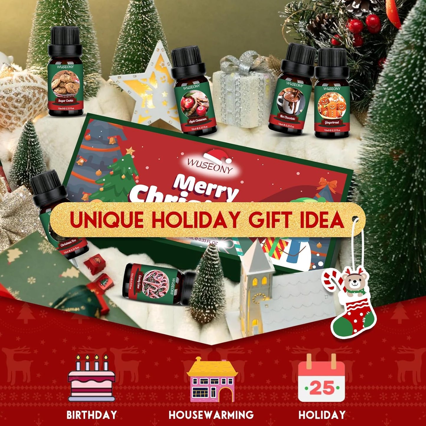 Christmas Fragrance Oils Set, Essential Oils for Diffusers Home, Aromatherapy Oils Gift for Candle Making - Christmas Tree, Apple Cinnamon, Gingerbread, Candy Cane, Sugar Cookie, Hot Chocolate