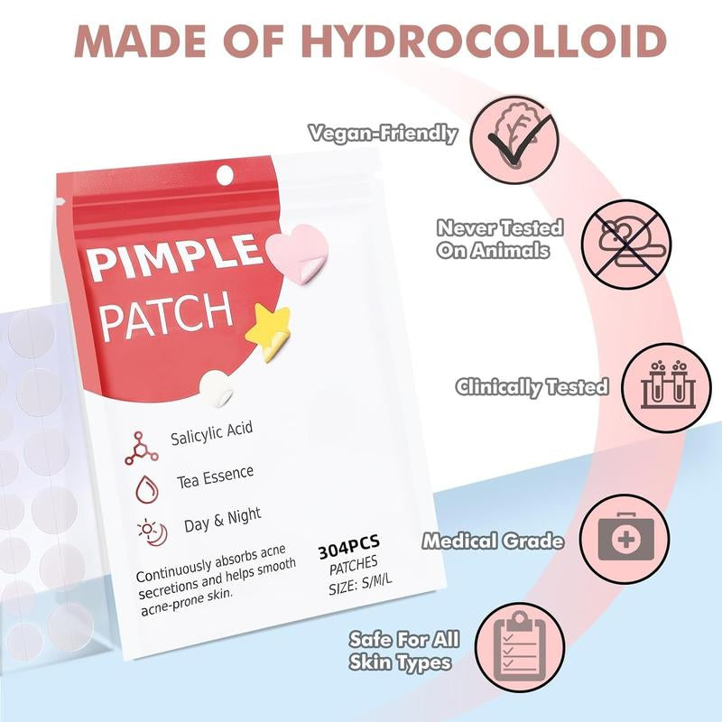 Hydrocolloid Acne Patches for Facial Care - 304 Pieces with Salicylic Acid, Tea Tree Oil, and Calendula Oil