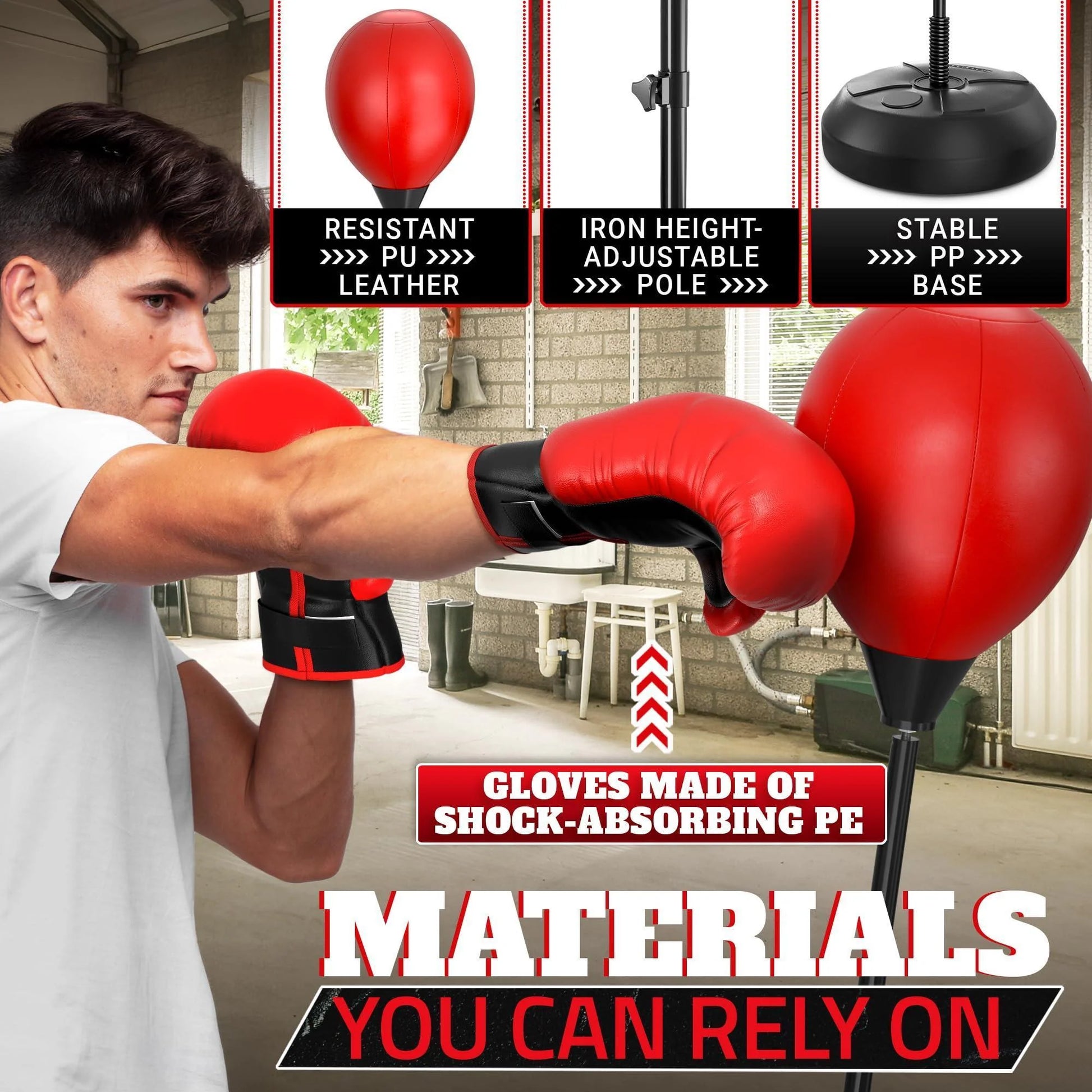 Punching Bag with Stand Height Adjustable Reflex Boxing Bag with Stand & Gloves Spring Mounted for Fast Rebound Sturdy Fillable Base for Stability Boxing Equipment for Training at Home