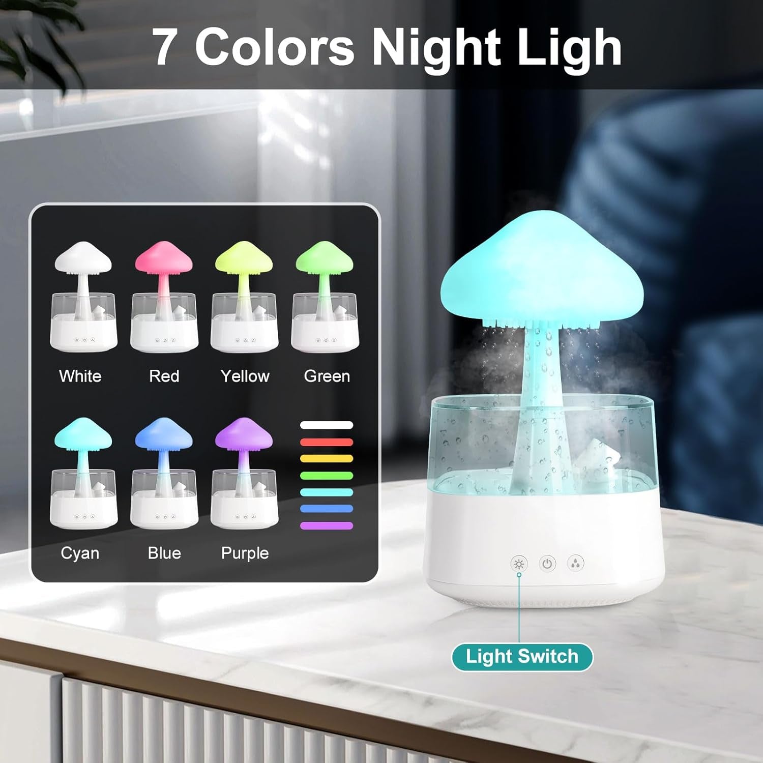 Cloud Rain Humidifier, Night Light Aromatherapy Essential Oil Diffuser, 7 Colors Desktop Diffuser with Water Sound for Home Room Office (White)