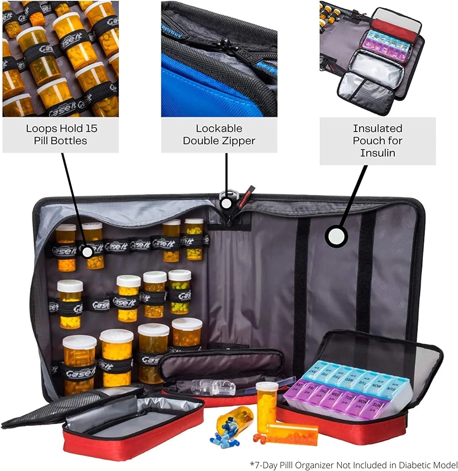 Medium Diabetic Medicine Organizer and Portable Medical Binder, Insulated and Syringe Pouches, 6-Pocket 5-Tab Expanding File Folder, Holds 15 Pill Bottles, Purple, 13 X 13 X 4.5 Inches
